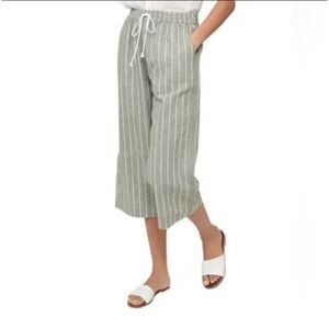 Beachlunchlounge Margo Striped Linen Cotton Wide Leg Cropped Crop Green Pants S
